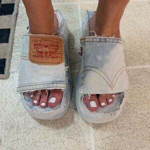 SoleMateDenim🩵 made by me  Light Wash Denim Slide Sandals - White/Light Blue